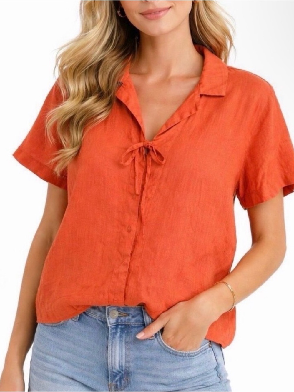 Calypso St. Barth Coral Orange 100% Linen Tie Front Shirt Small